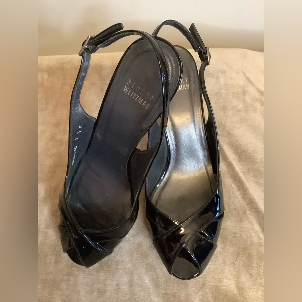 Stuart Weitzman Glossy Black Slingback Heels